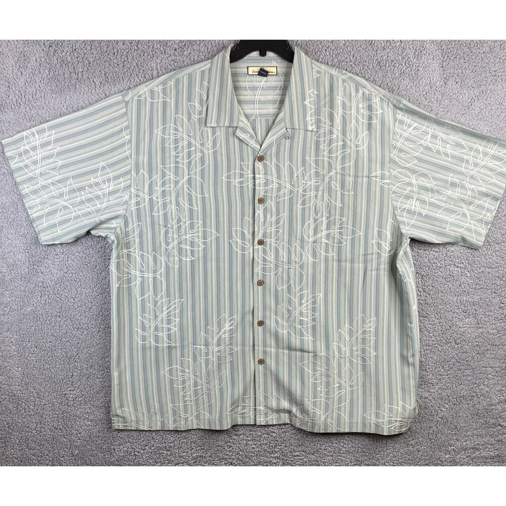 Tommy Bahama Pale Blue & Pale Green Striped Silk Embordered Floral Design 2XL
